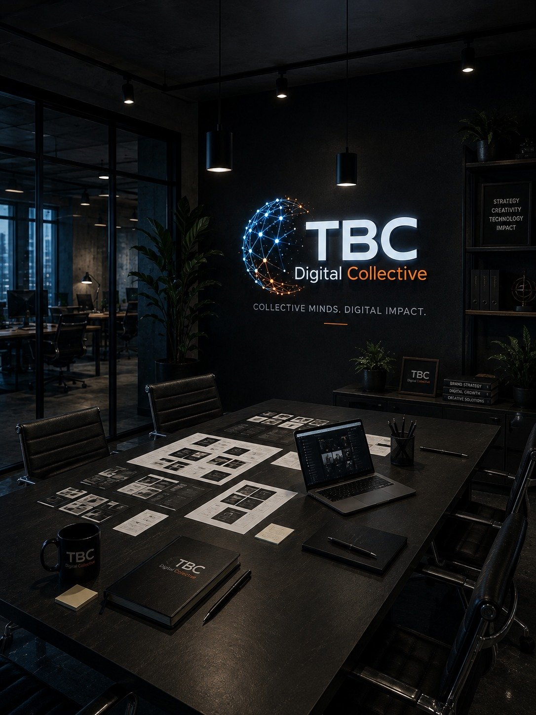 The TBC collective reviewing brand direction in the studio
